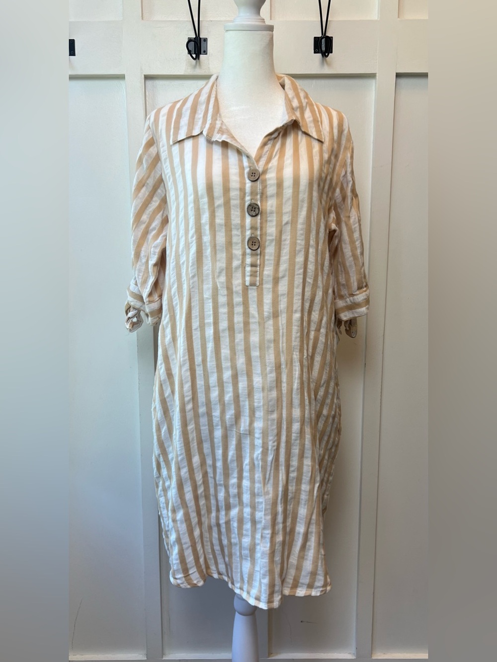 J. Glee Size XL Yellow Cream Stripe Shirt Dress Button Long Sleeve Beachy Light